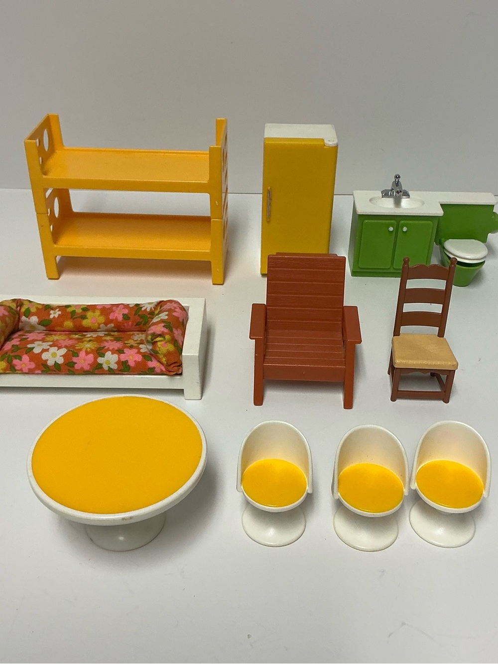 Vintage Fisher-Price Dollhouse Furniture Lot - Table, Chairs, Bed, Fridge, Sink